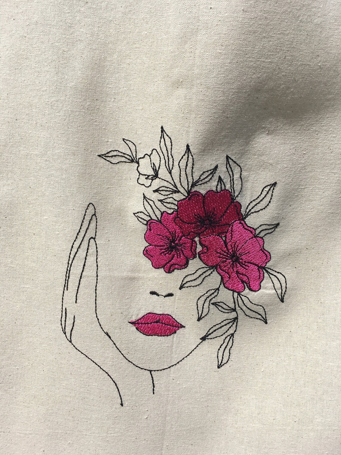 Cotton Tote Bag with Lady face and Hot Pink Flowers - Embroidery