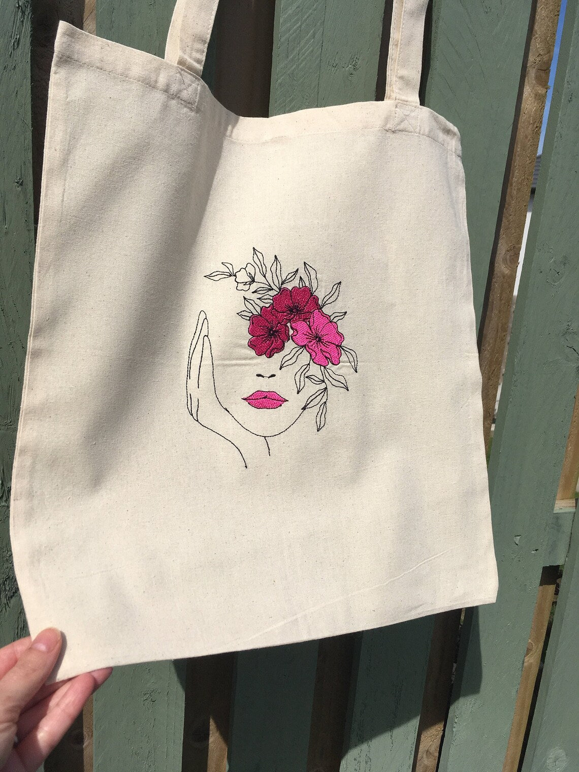 Cotton Tote Bag with Lady face and Hot Pink Flowers - Embroidery