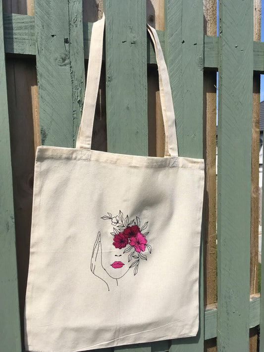 Cotton Tote Bag with Lady face and Hot Pink Flowers - Embroidery