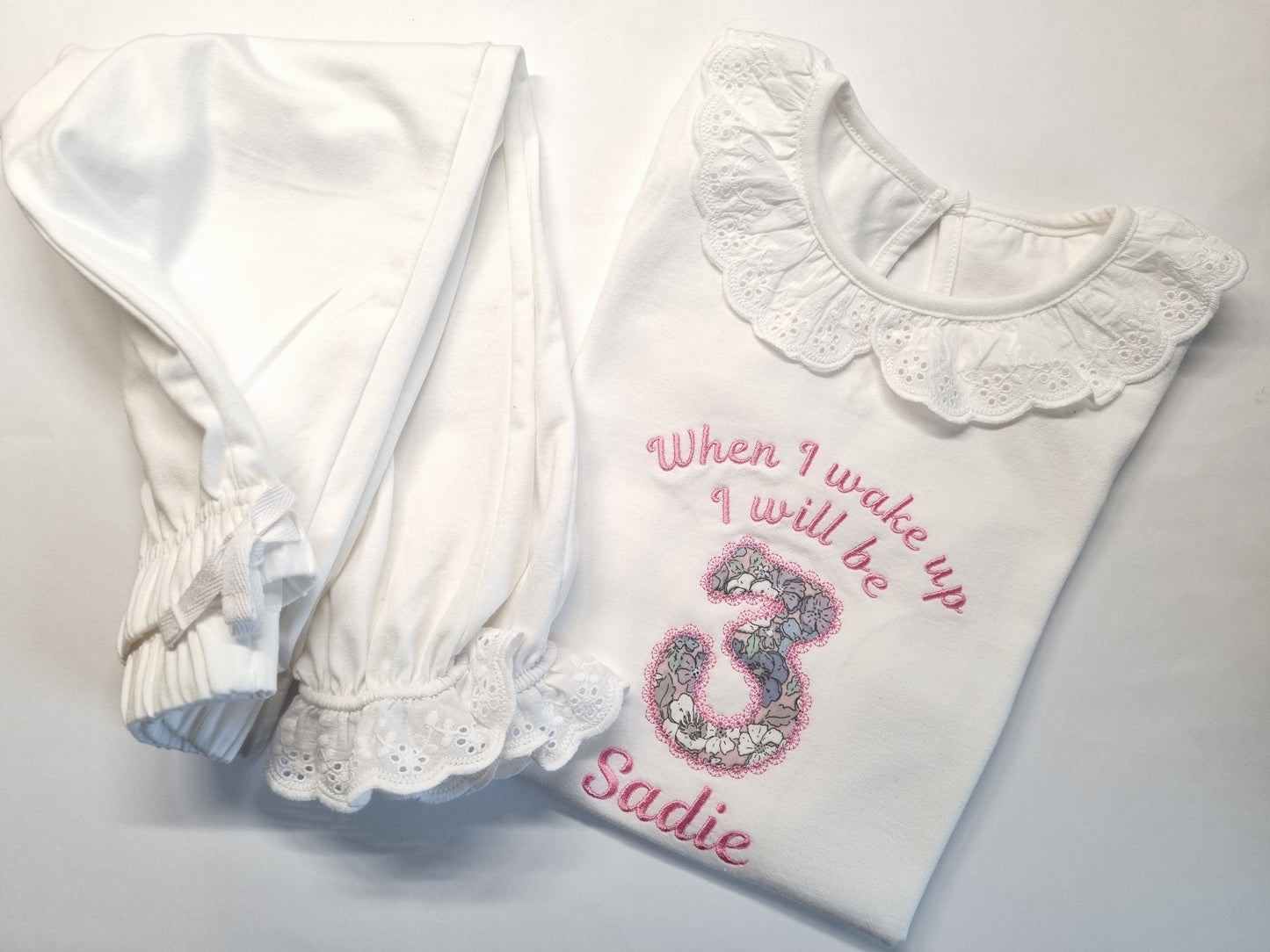 When  I wake up - Long Sleeved Frill Blush Pyjama Set - White or Blush - embroidery