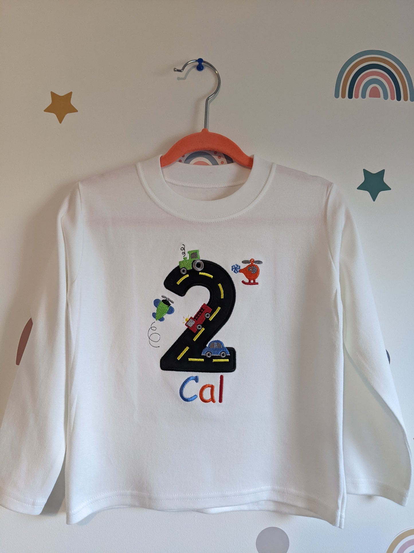 Children's Personalised Helicopter Car Tractor and Road Birthday Number Tshirt | Embroidered | Birthday Tshirt | Boys Birthday Gift