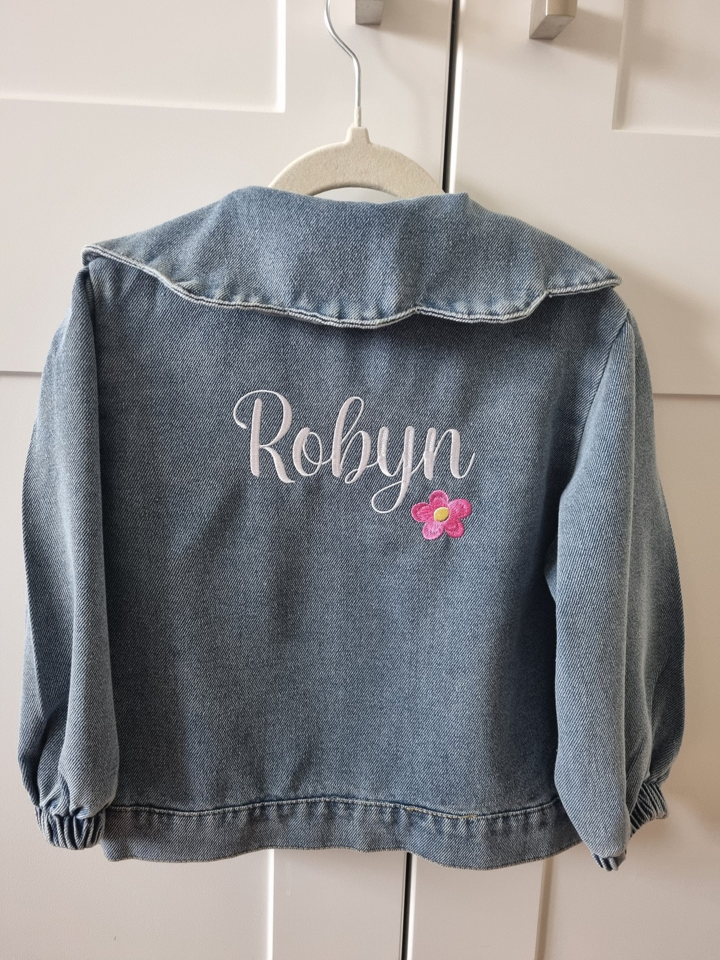 Children Personalised Light Blue Denim Jacket, collar and back embroidered