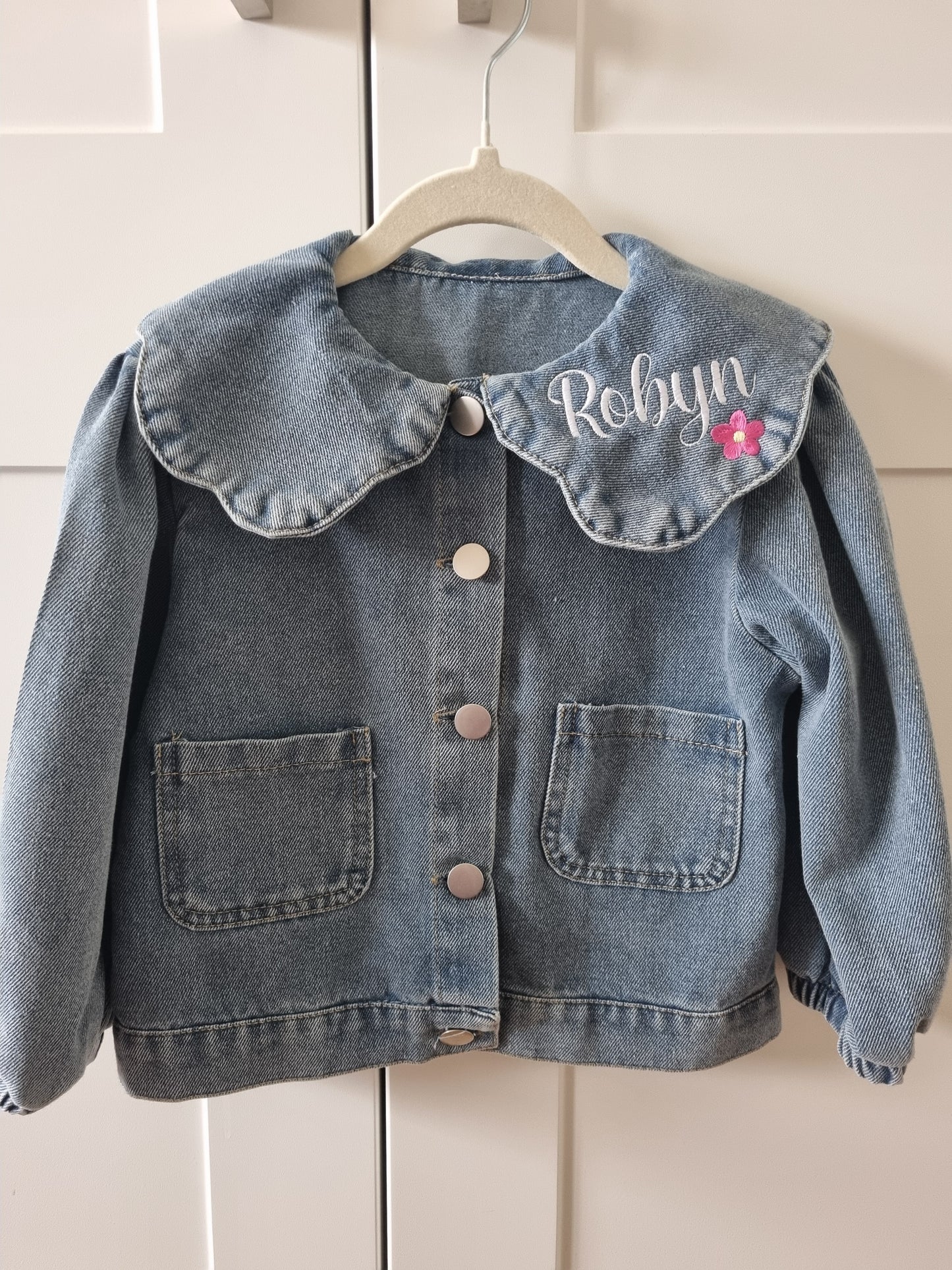 Children Personalised Light Blue Denim Jacket, collar and back embroidered