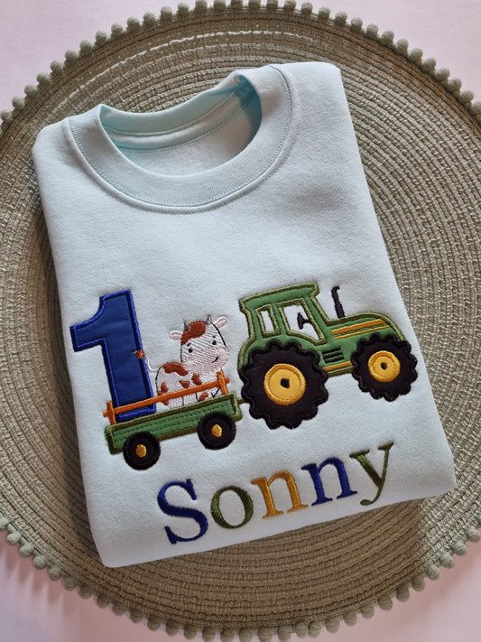 Children  Sweatshirt with Green Tractor and Cute  cow- Embroidery