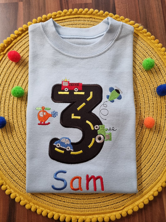 Children's Personalised Helicopter Car Tractor and Road Birthday Number Tshirt | Embroidered | Birthday Tshirt | Boys Birthday Gift