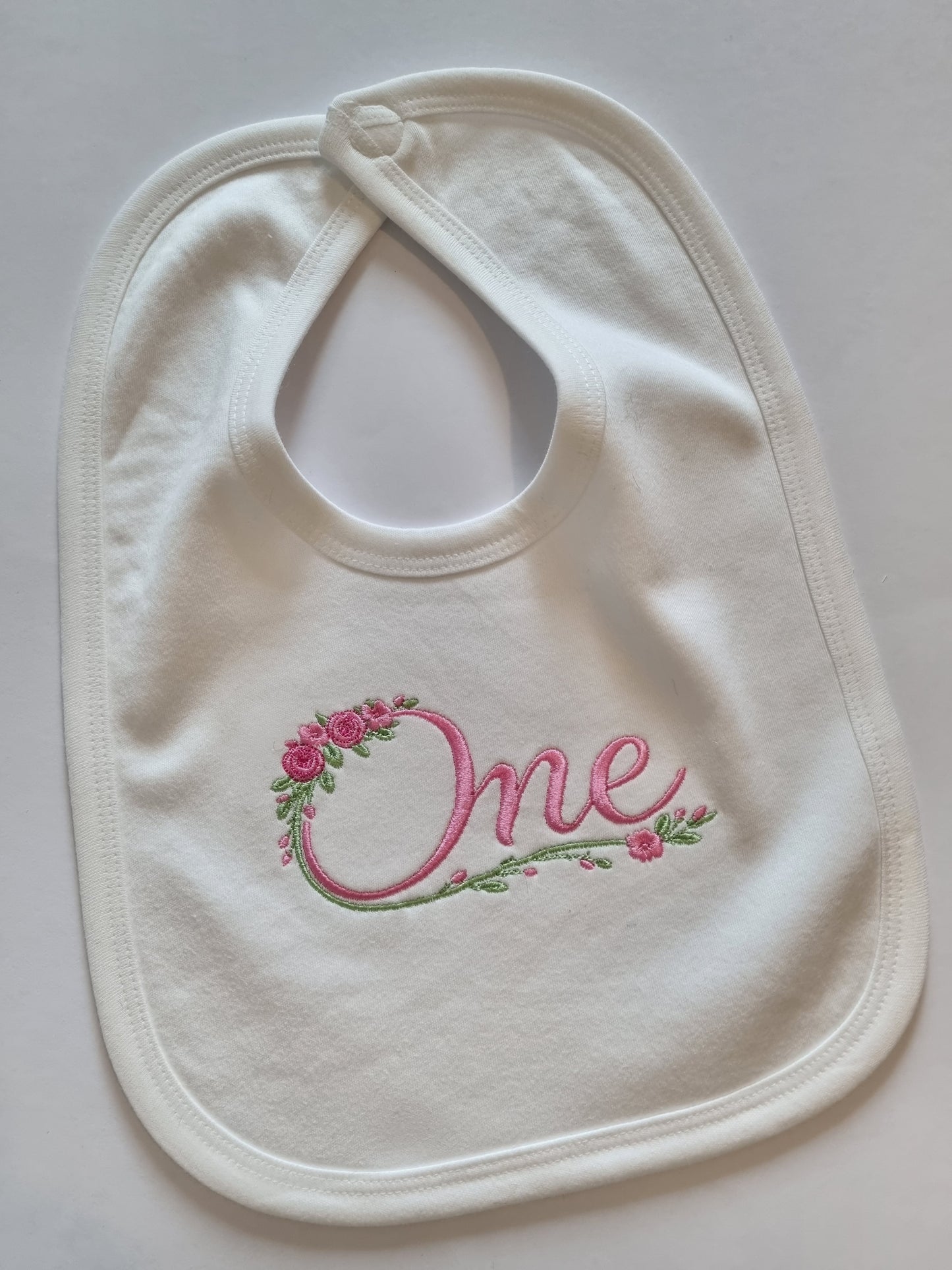 First Birthday Bib for Girls -Floral ONE- Embroidery