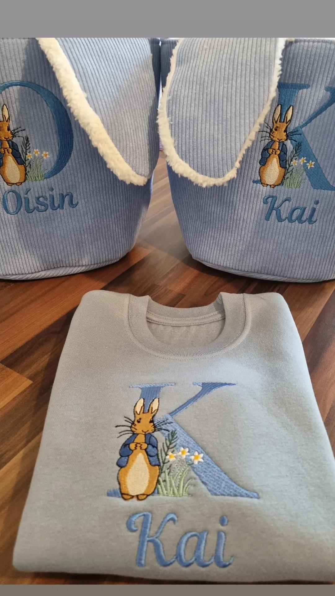 Personnalised Blue or Pink cute Bunny  with Monogram Letter Sweatshirt