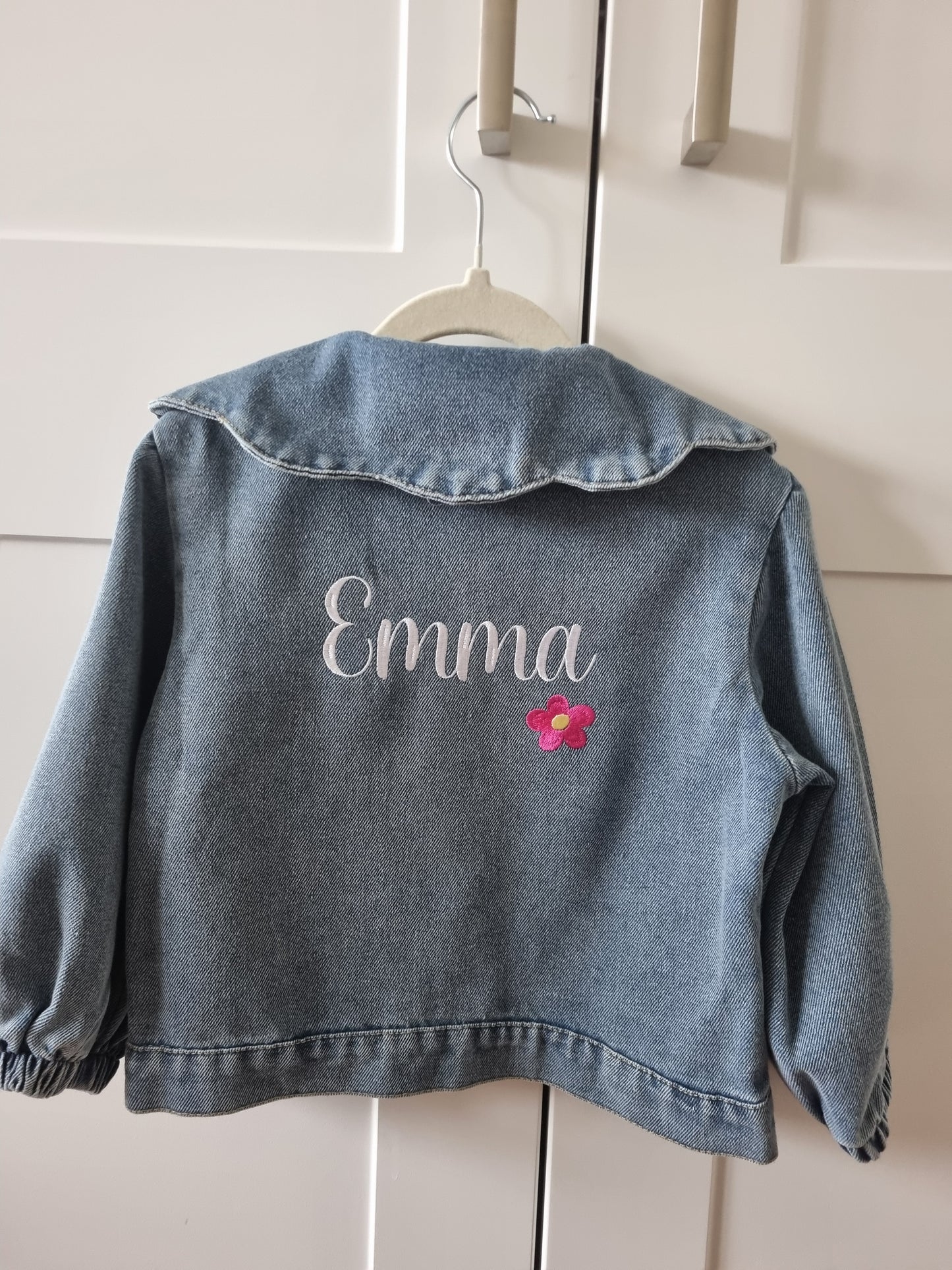 Children Personalised Light Blue Denim Jacket, collar and back embroidered