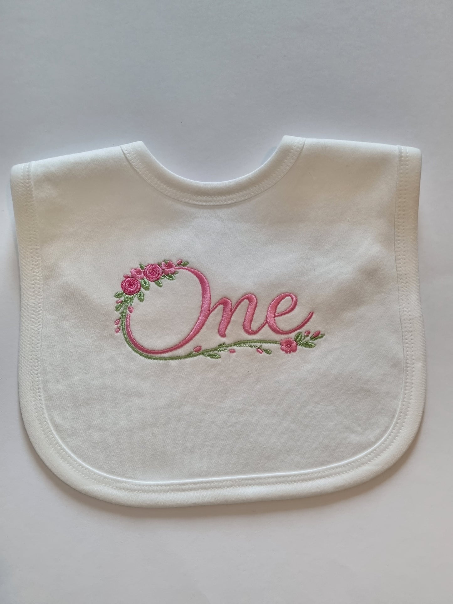 First Birthday Bib for Girls -Floral ONE- Embroidery