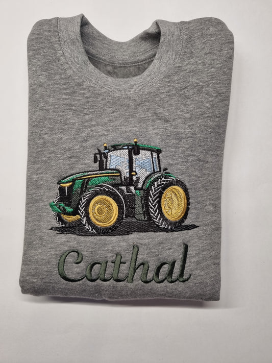 Children  Sweatshirt with Green Tractor - Embroidered