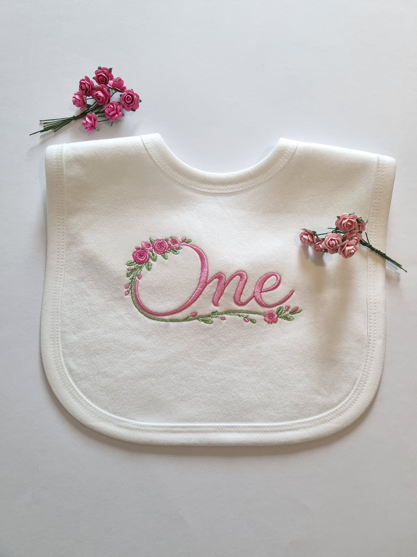 First Birthday Bib for Girls -Floral ONE- Embroidery