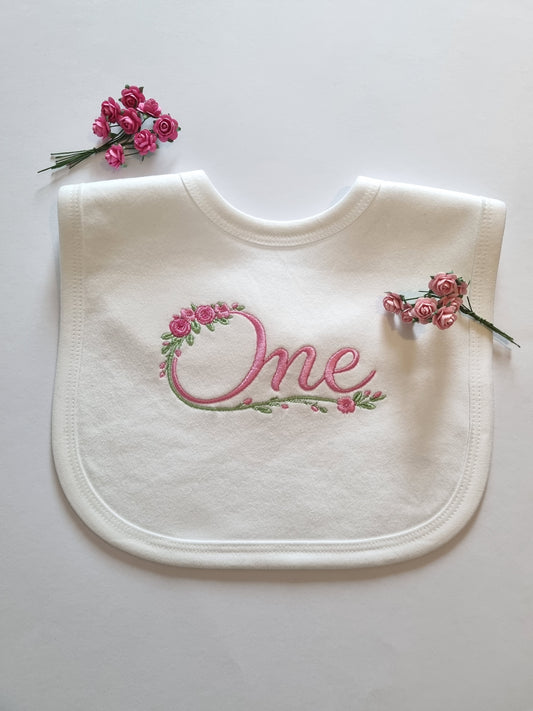 First Birthday Bib for Girls -Floral ONE- Embroidery