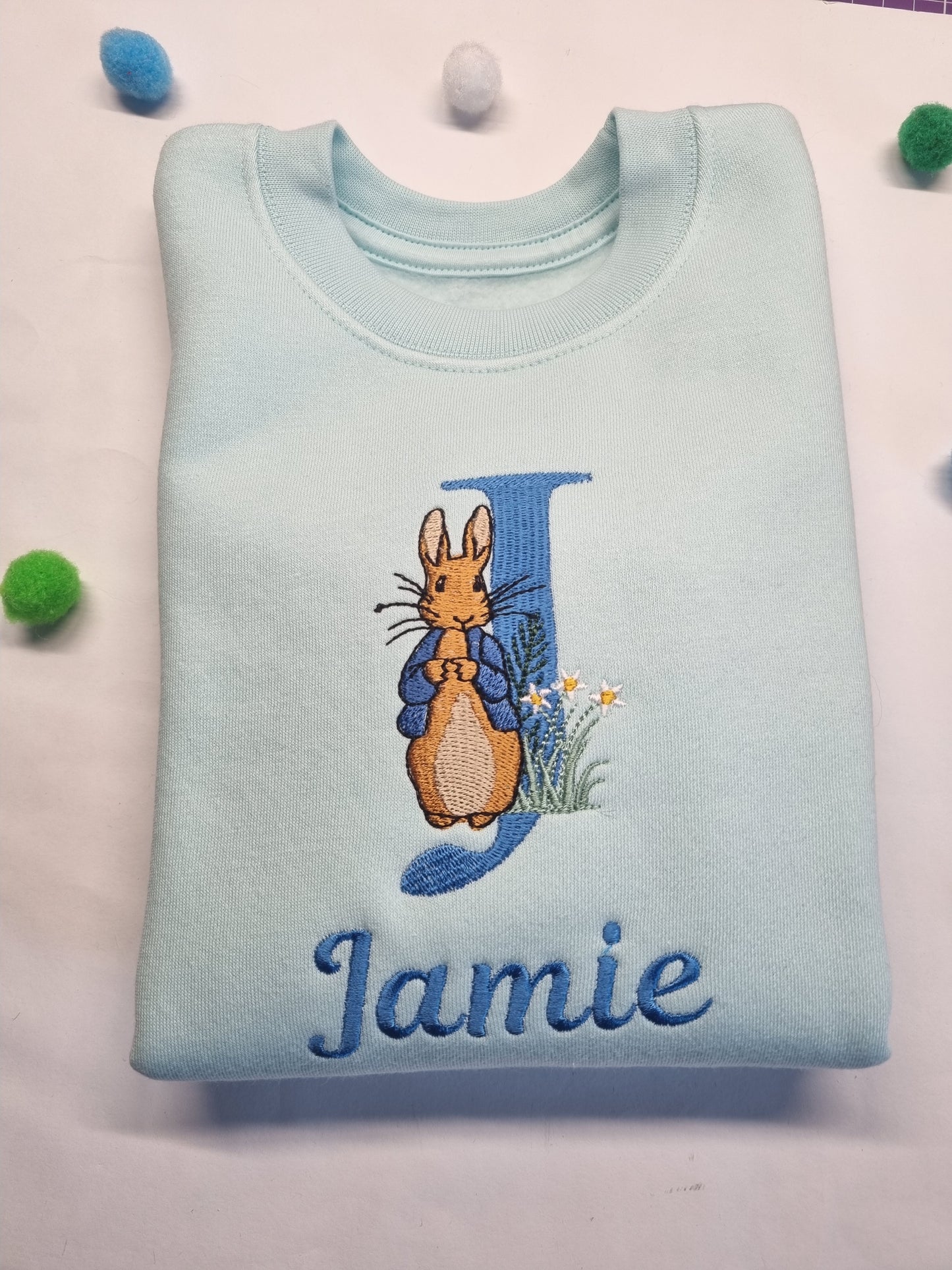 Personnalised Blue or Pink cute Bunny  with Monogram Letter Sweatshirt