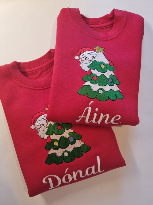 Dispatch In November - Christmas Sweatshirt -  Santa Hiding behind the Christams tree - Embroidery