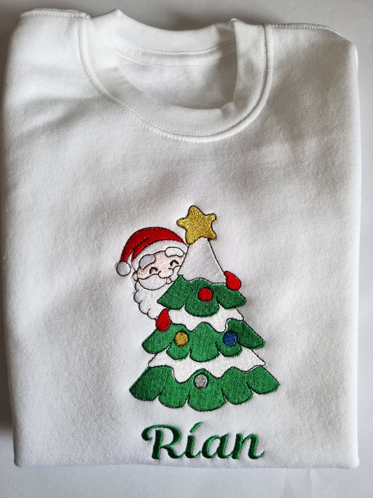 PRE-ORDER -Children's Christmas Sweatshirt -  Santa Hiding behind the Christams tree - Embroidery