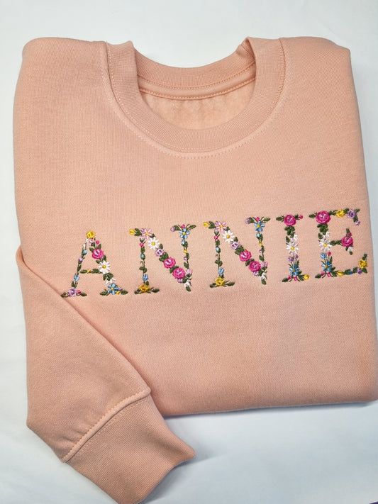 Children Personalised   Sweatshirt  with Floral name - Embroidery