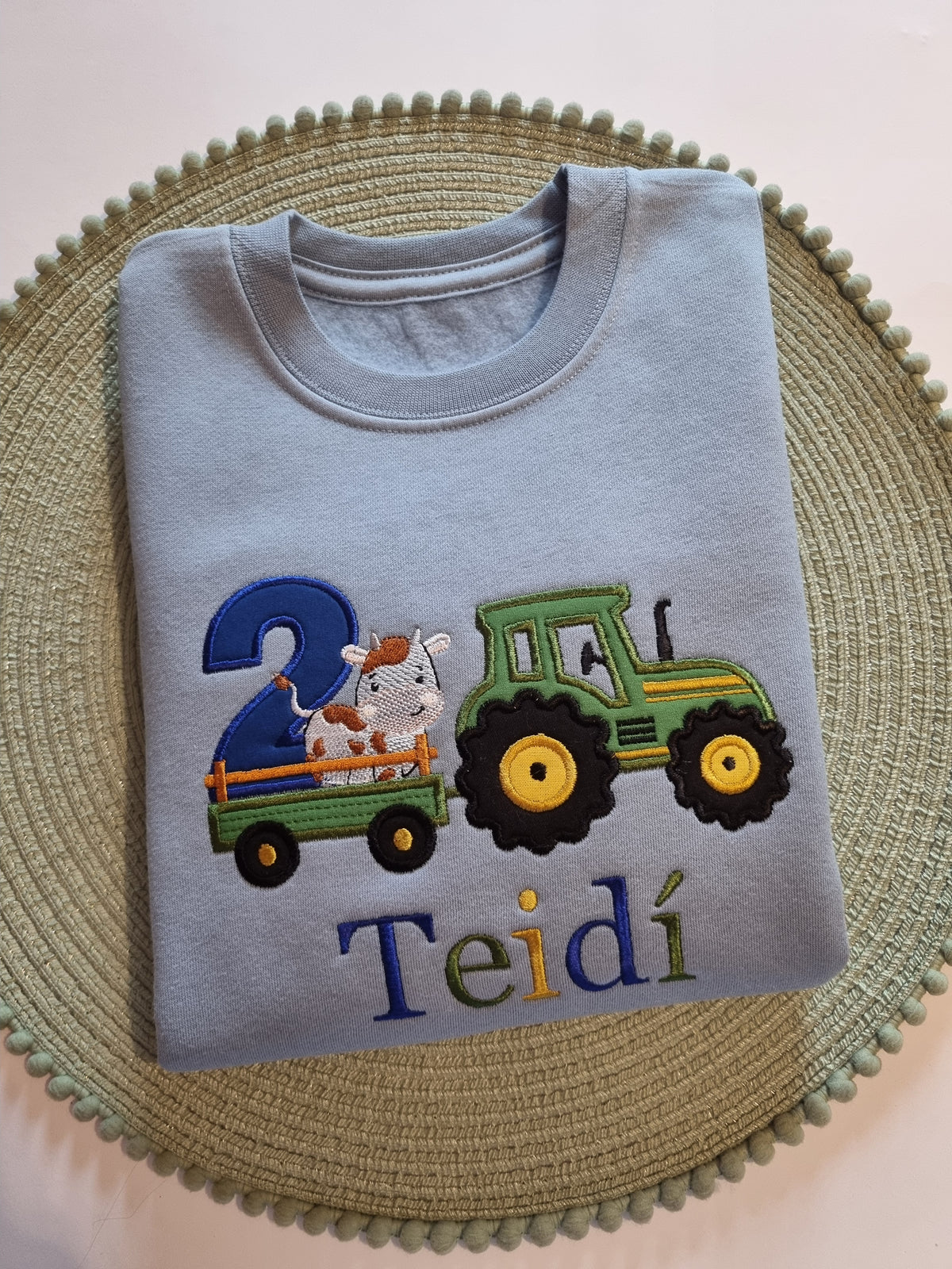 Children  Sweatshirt with Green Tractor and Cute  cow- Embroidery