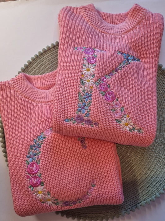 Chunky Knit cotton Sweater With Floral letter