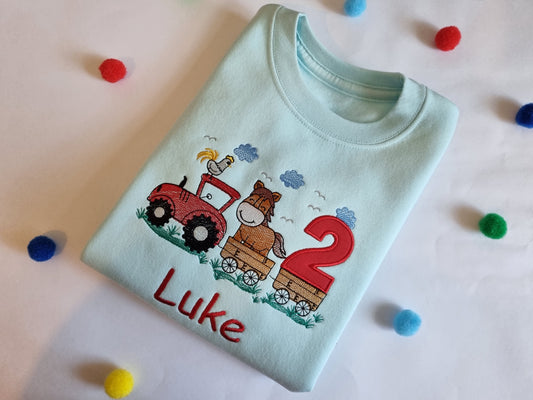 Children Personalised Birthday Sweatshirt  with Tractor  and horse on a Trailer - Embroidery