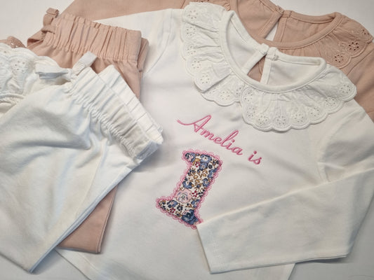 Personnalised Long Sleeved Frill Blush Pyjama Set - White or Blush - embroidery