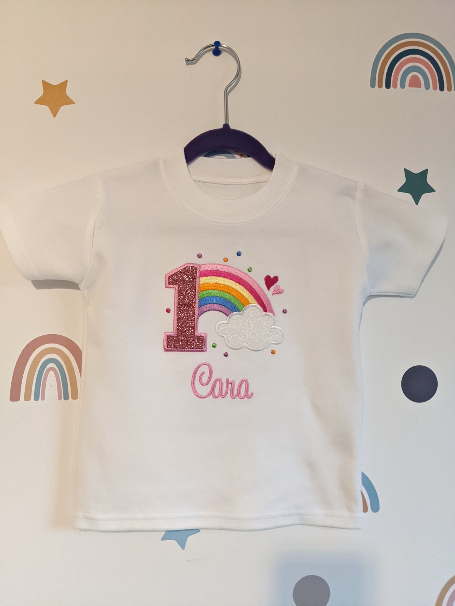 Children Personalised Birthday Tshirt with Rainbow and Cloud - Embroidery