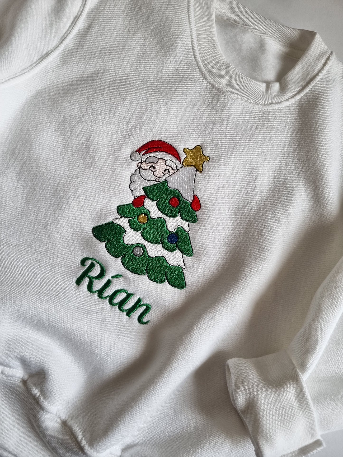 PRE-ORDER -Children's Christmas Sweatshirt -  Santa Hiding behind the Christams tree - Embroidery