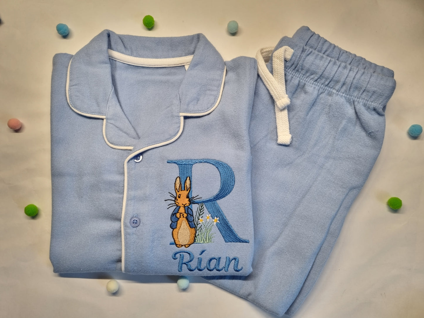 Easter Bunny - Long Sleeve Pyjama Set in Blue - Embroidery