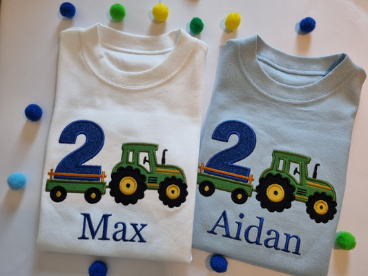 Children Personalised Birthday Tshirt with Tractor and Trailer - Embroidery