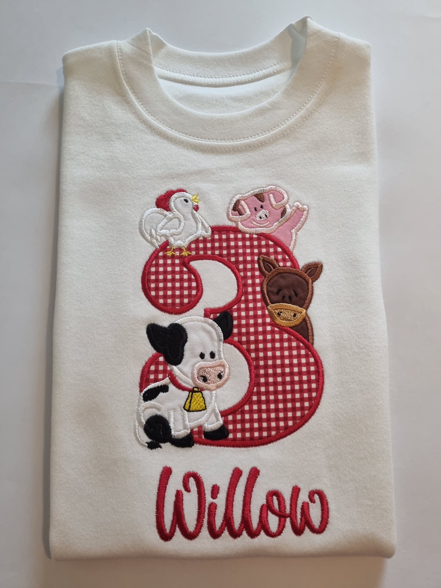 Children Personalised Birthday Tshirt Number with Farm Animals - Embroidery ( red gingham and name)