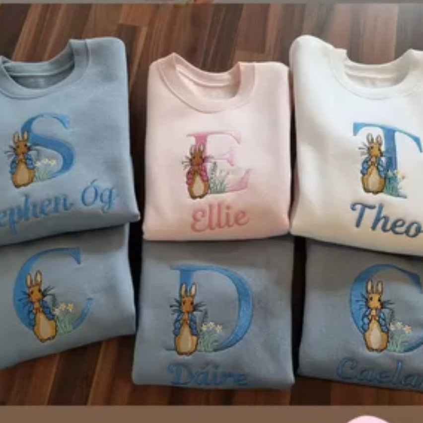 Personnalised Blue or Pink cute Bunny  with Monogram Letter Sweatshirt