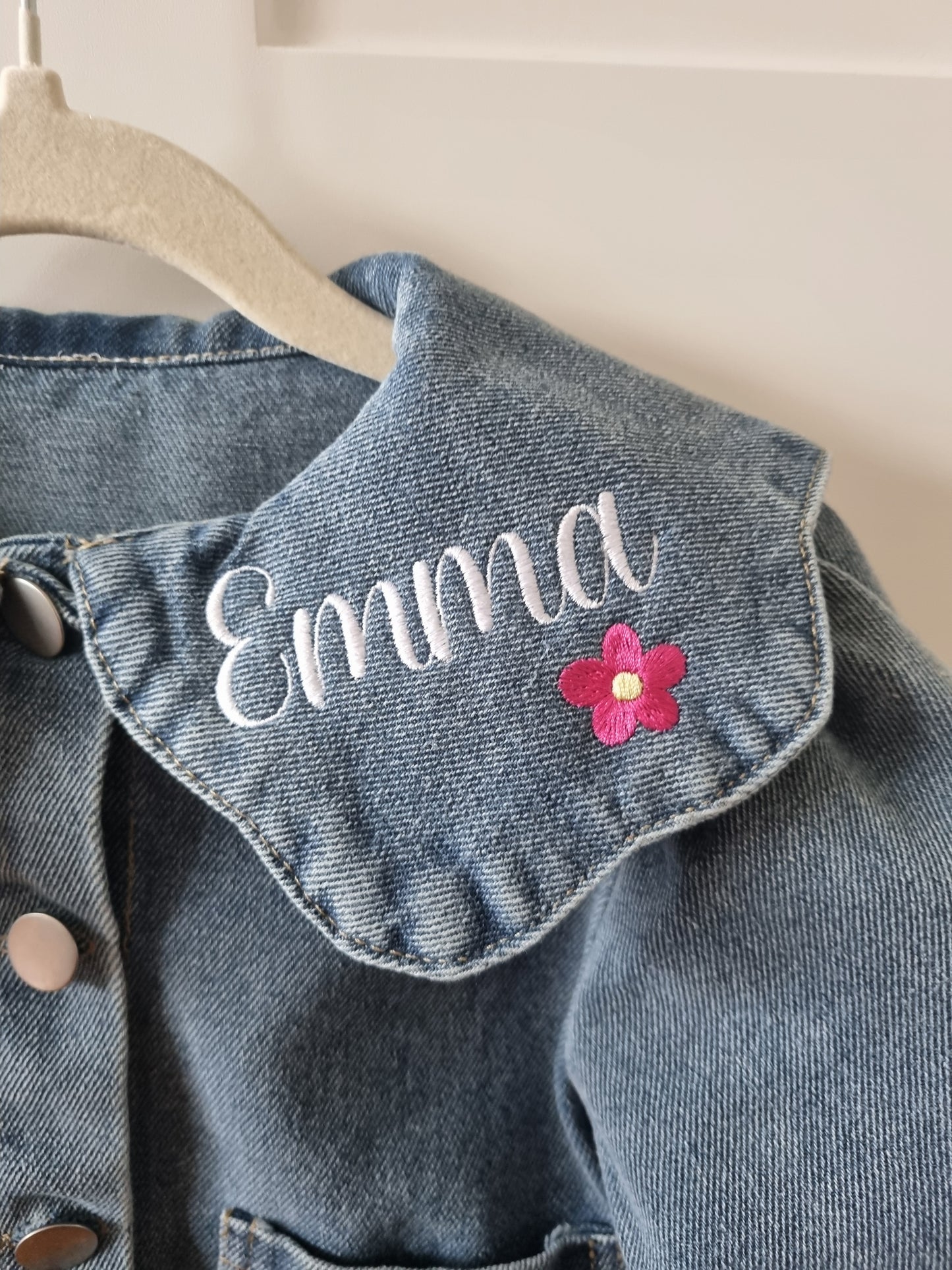 Children Personalised Light Blue Denim Jacket, collar and back embroidered