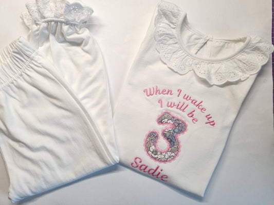 When  I wake up - Long Sleeved Frill Blush Pyjama Set - White or Blush - embroidery