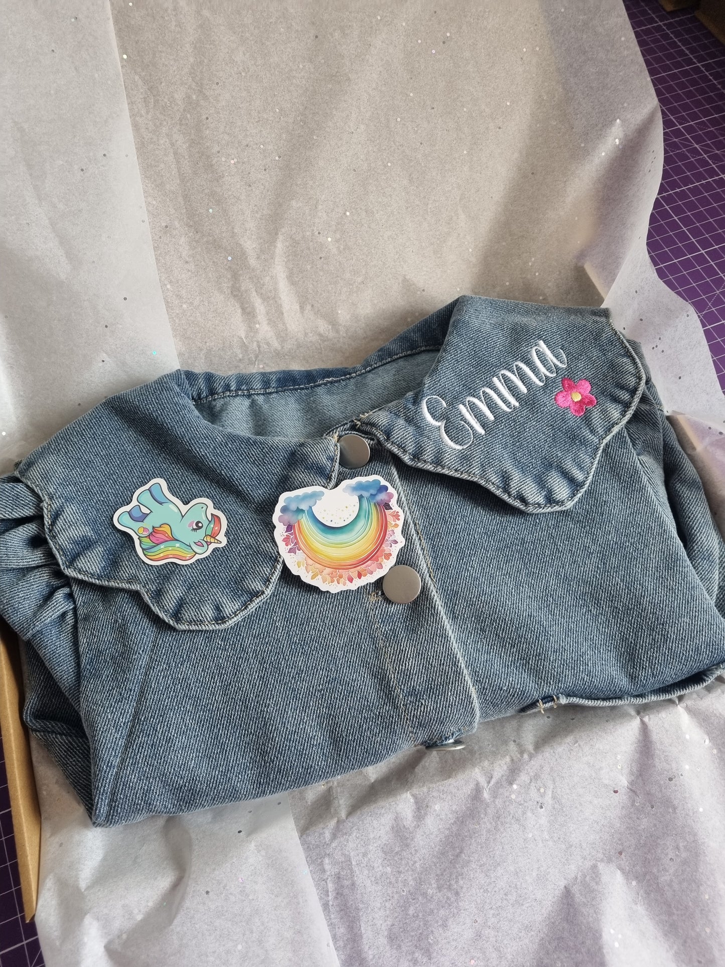 Children Personalised Light Blue Denim Jacket, collar and back embroidered