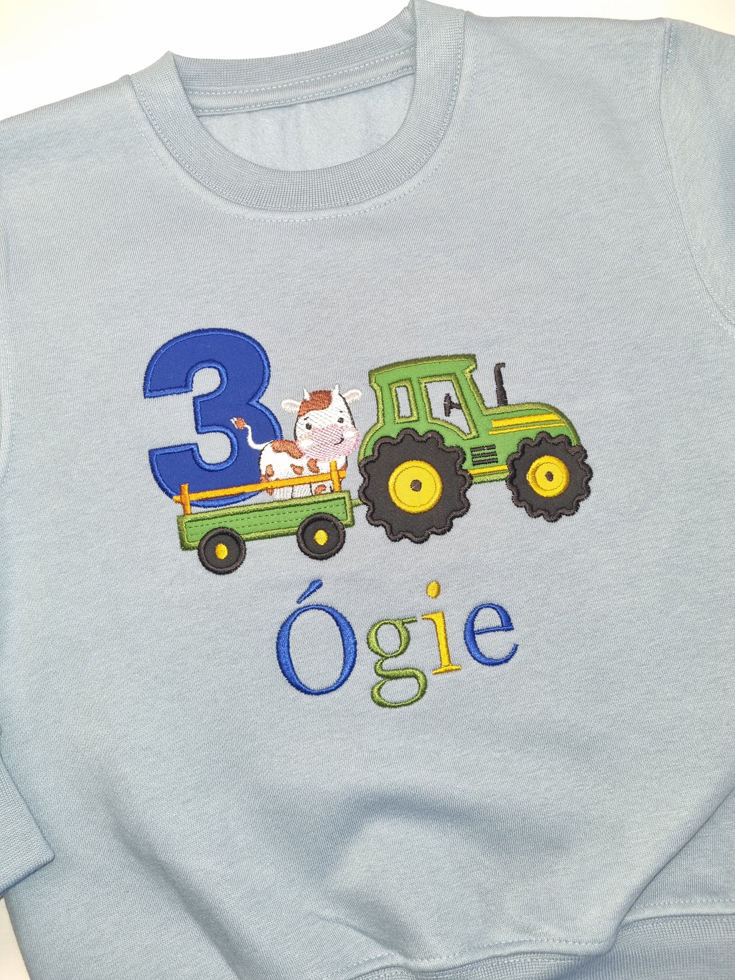 Children  Sweatshirt with Green Tractor and Cute  cow- Embroidery