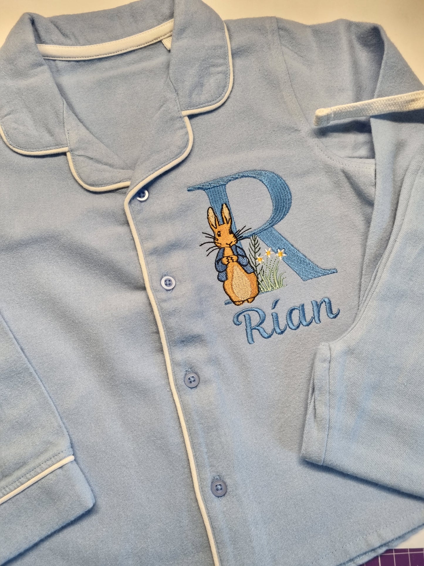 Easter Bunny - Long Sleeve Pyjama Set in Blue - Embroidery