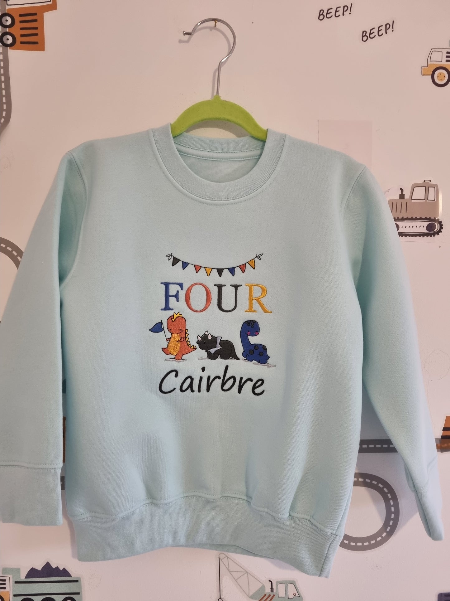 Children Personalised birthday Sweatshirt with trio of dinosaurs  Embroidery