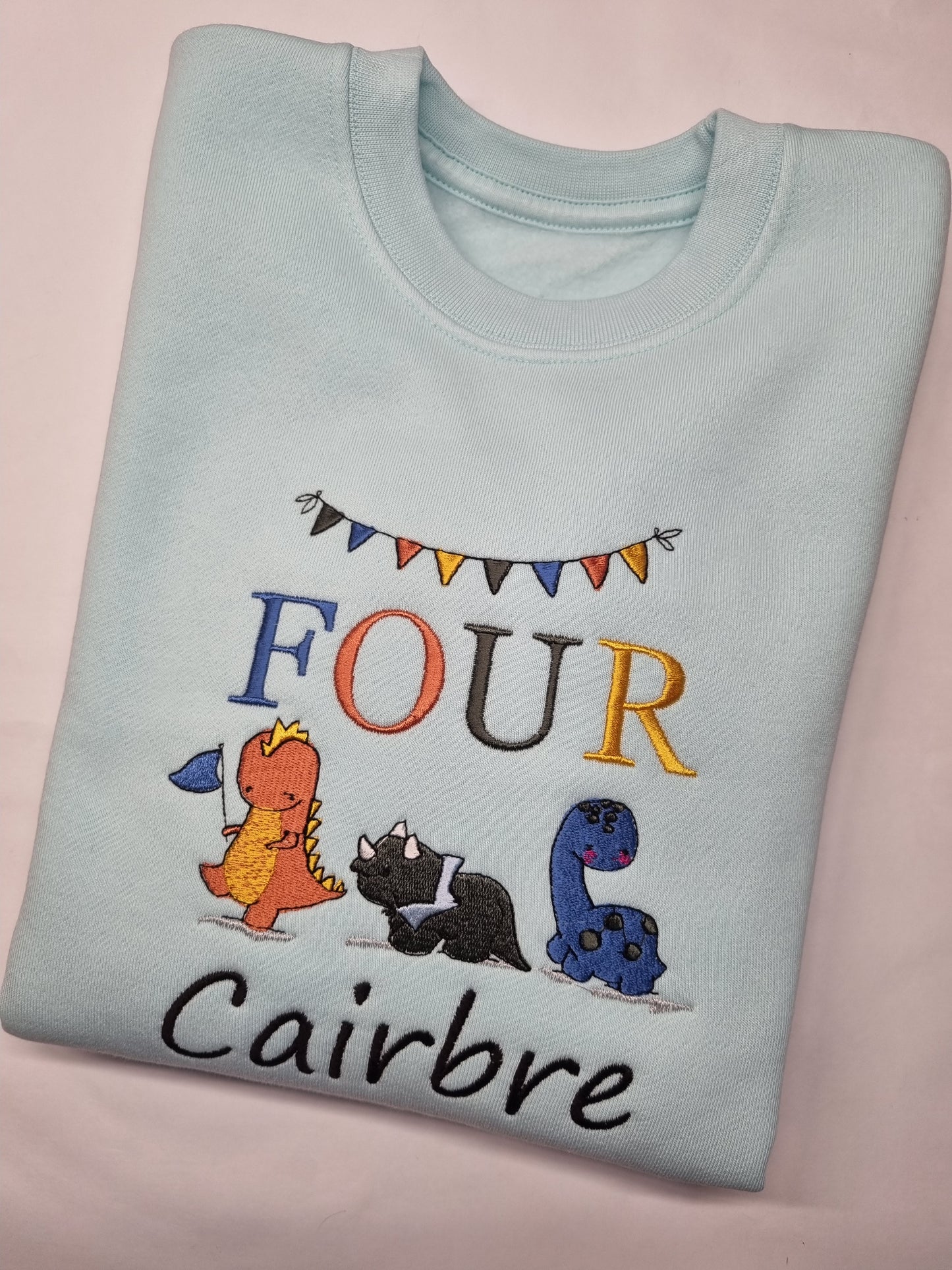 Children Personalised birthday Sweatshirt with trio of dinosaurs  Embroidery