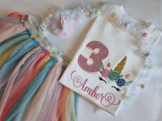 Children Personalised Birthday Tshirt with Unicorn - Embroidery