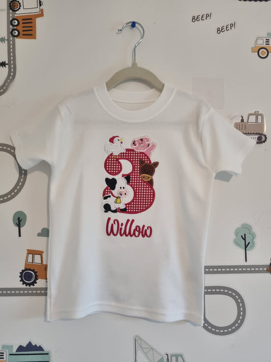 Children Personalised Birthday Tshirt Number with Farm Animals - Embroidery ( red gingham and name)