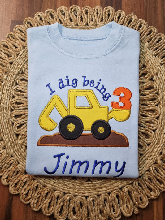 Children Personalised Birthday Tshirt with Digger -Embroidery