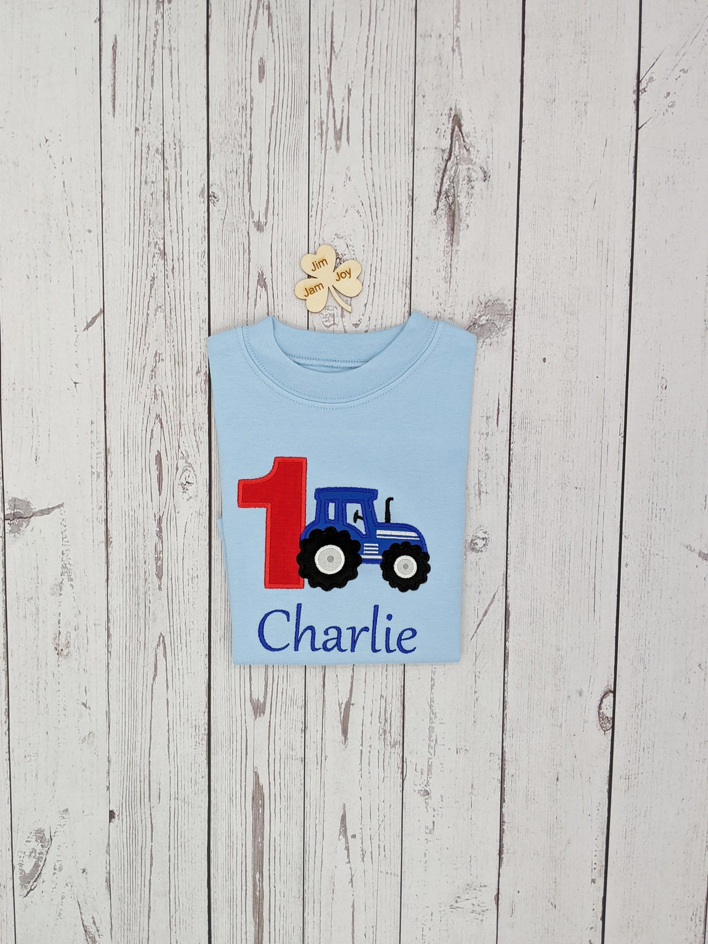 Children Personalised Birthday Tshirt with blue Tractor and Birthday Number - Embroidery