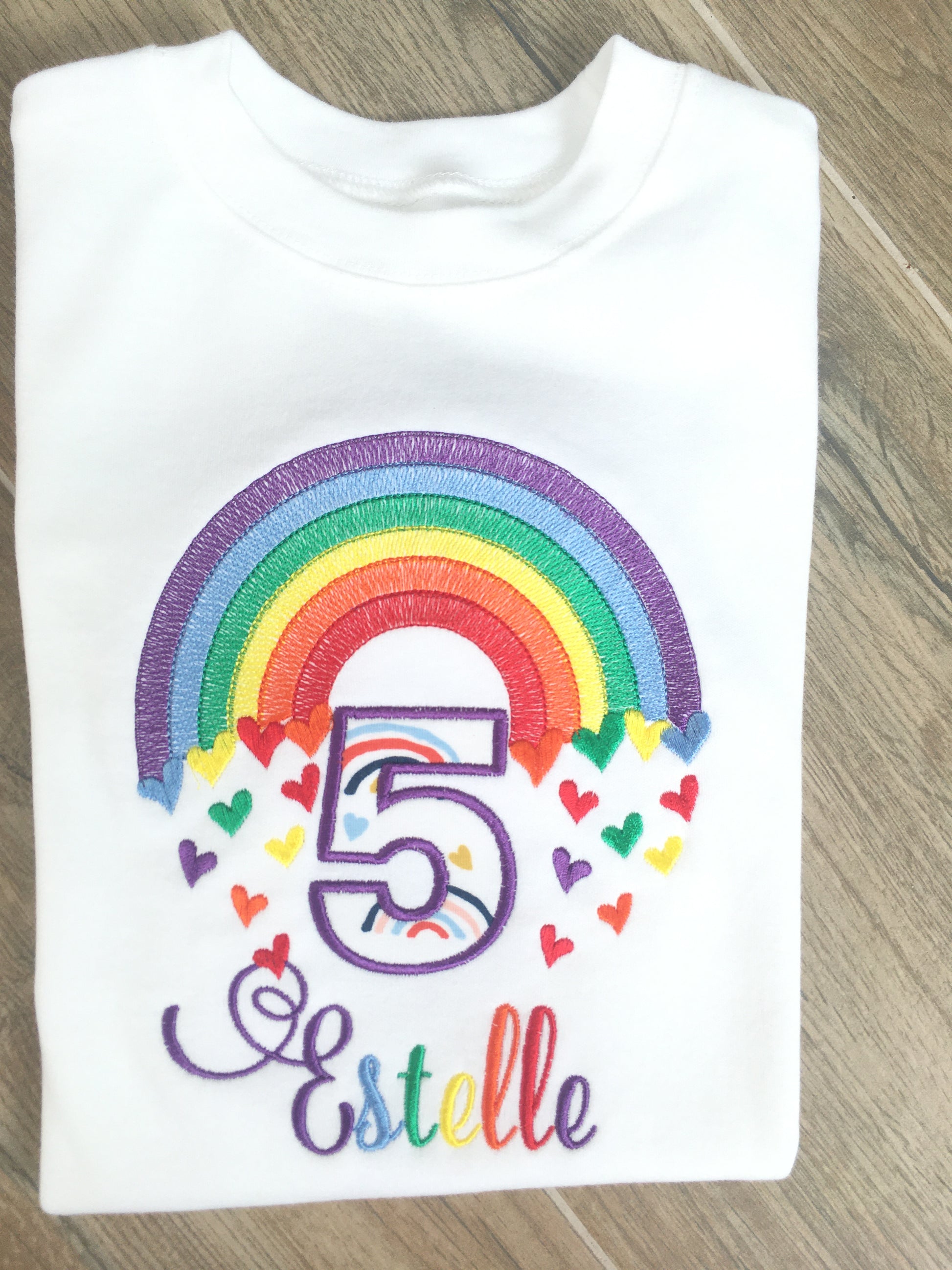 Children personalised birthday tshirt with rainbow and hearts