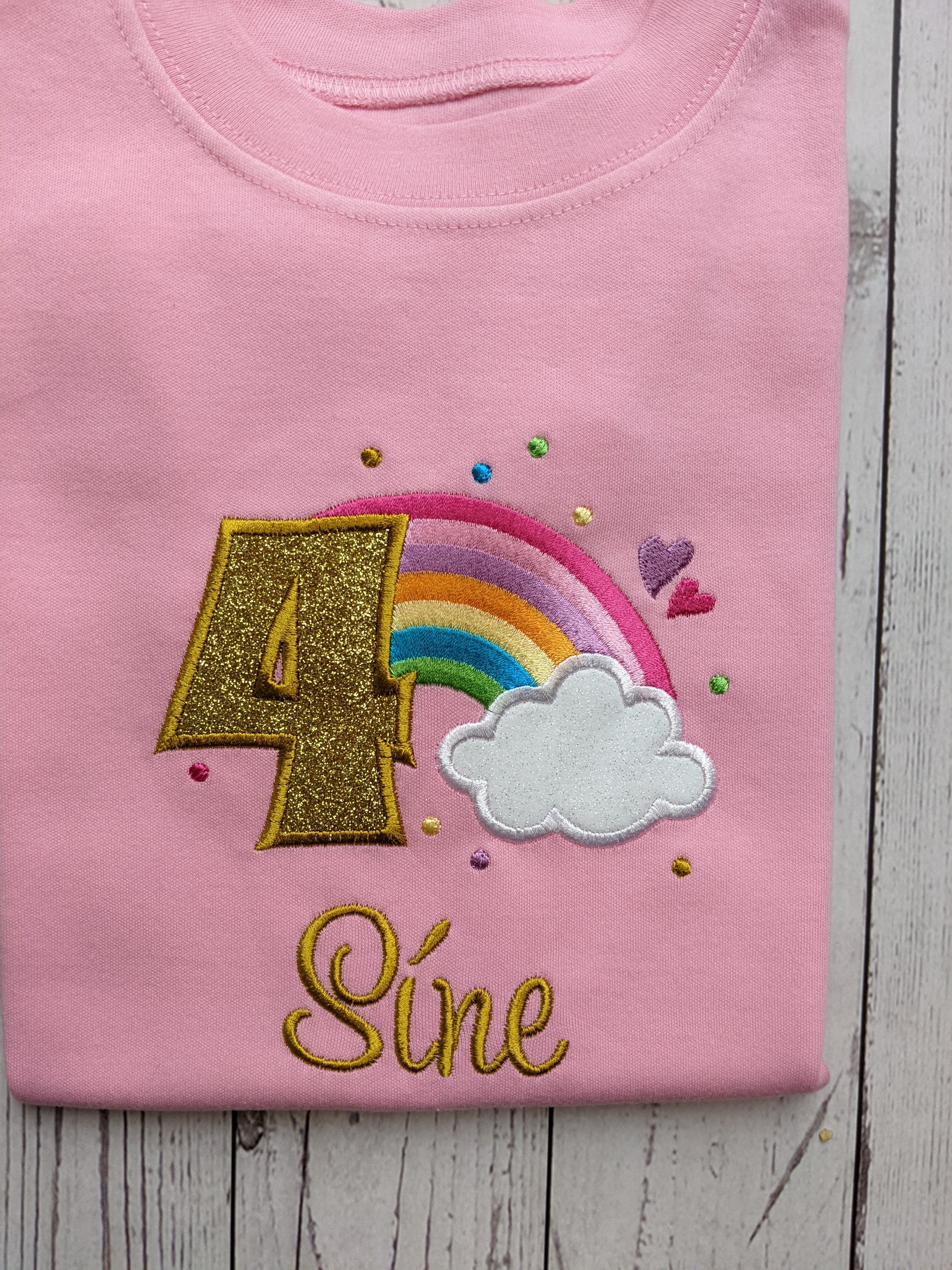 Children personalised birthday tshirt with rainbow and cloud