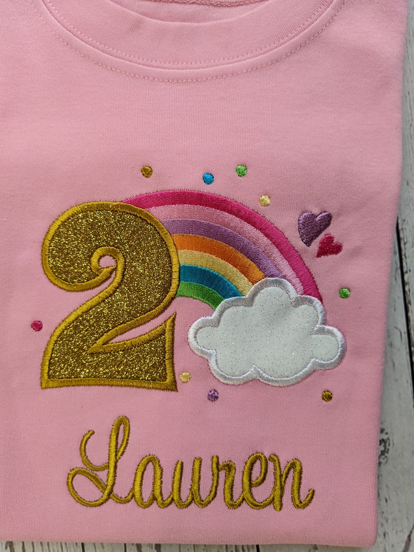 Children Personalised Birthday Tshirt with Rainbow and Cloud - Embroidery