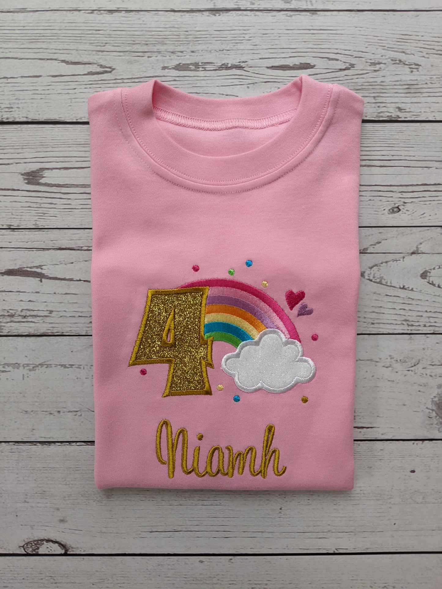 Children personalised birthday tshirt with rainbow and cloud