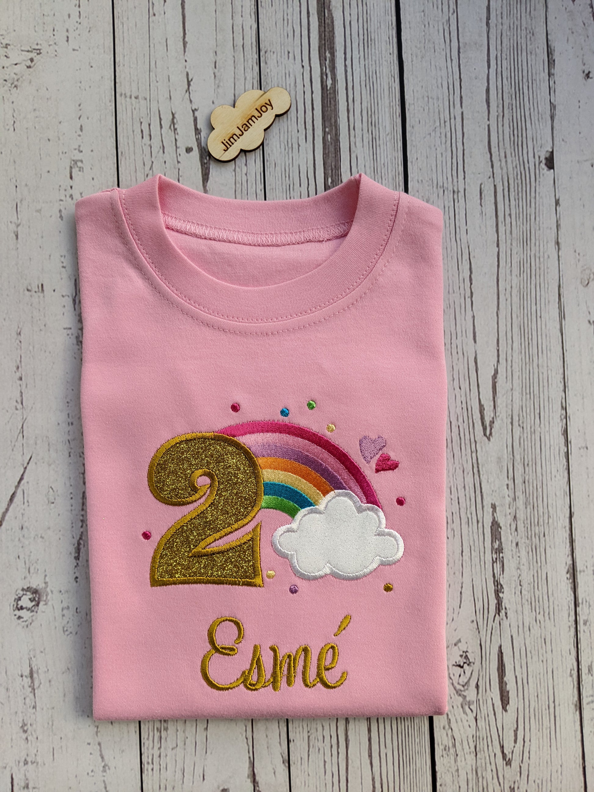 Children personalised birthday tshirt with rainbow and cloud