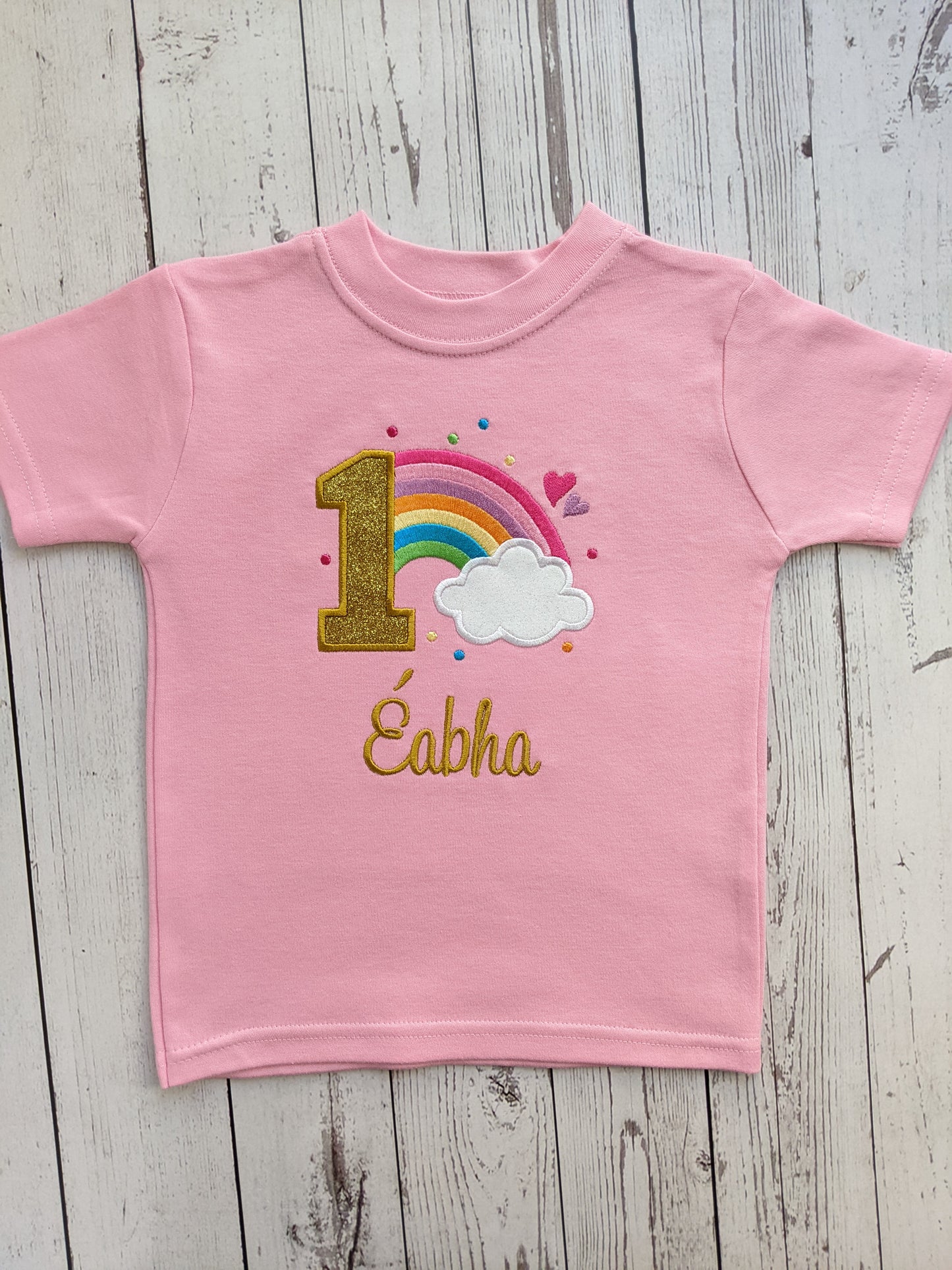 Children Personalised Birthday Tshirt with Rainbow and Cloud - Embroidery