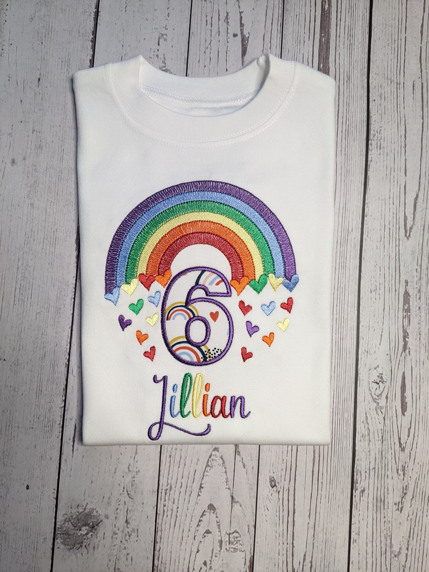 Children personalised birthday tshirt with rainbow and hearts