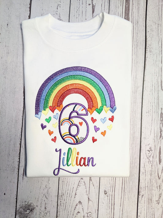 Children personalised birthday tshirt with rainbow and hearts