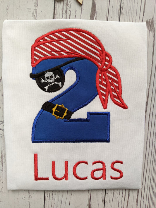 Children Personalised Birthday Tshirt Number with Pirates Bandana - Embroidery